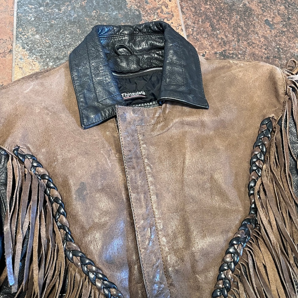 Vintage Wilsons Leather Fringe Jacket Womens S Black Brown Motorcycle Biker 90s - Picture 4 of 16